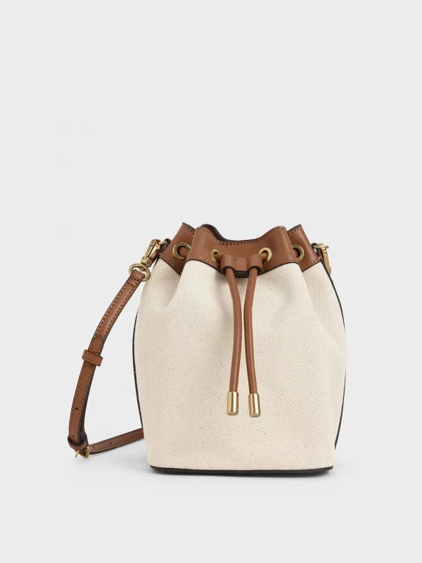 Drawstring Canvas Bucket Bag - Brown