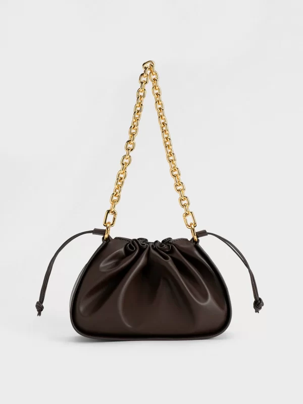 Ruched Drawstring Handbag - Dark Brown