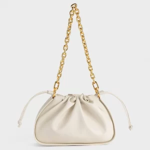 Ruched Drawstring Handbag – White