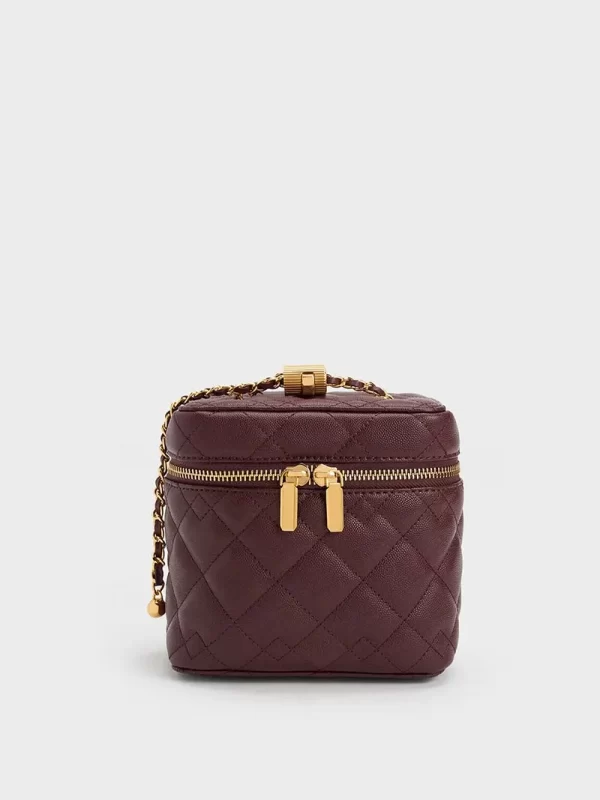 Rhombus Quilted Handbag-Dark Brown